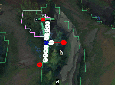 Debug visualization of Viego moving through the jungle with the League of Legends WASD pathfinding system