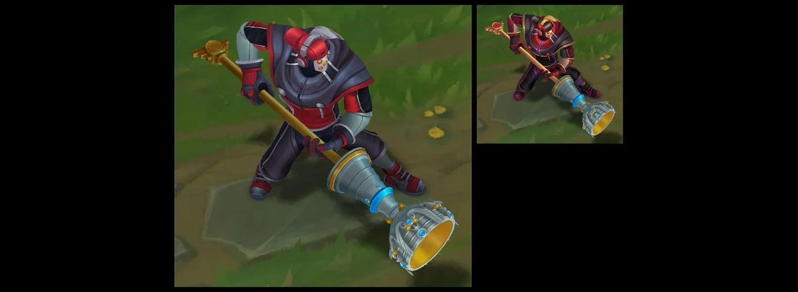 SKT T1 Jax Elite chroma SKT T1 Jax Elite chroma preview showing Jax wearing red and black armor and carrying a gold and silver weapon
