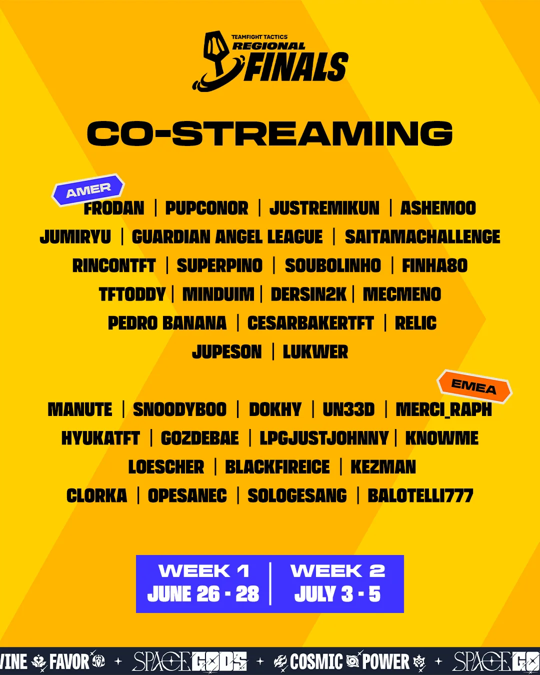 TFT Regional Finals co-streaming list Official TFT Regional Finals co-streaming graphic listing AMER and EMEA co-streamers for Week 1 and Week 2