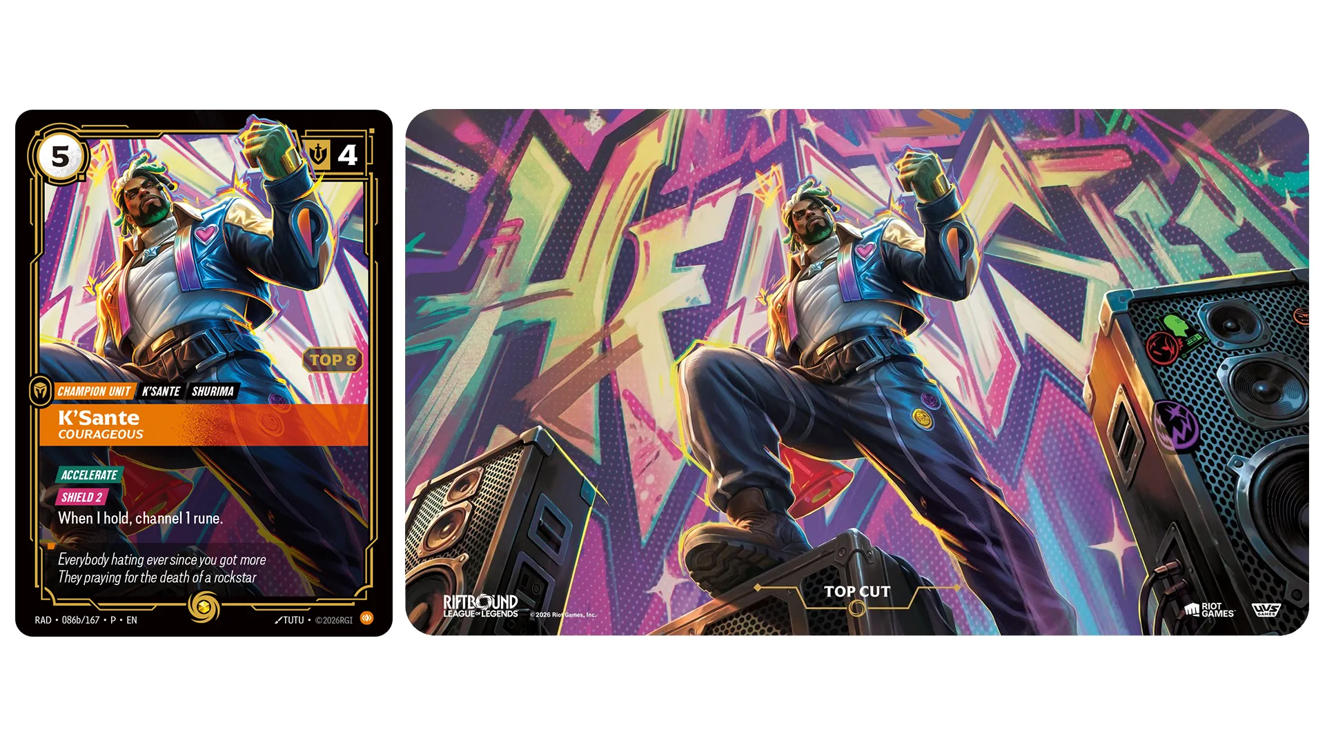 Regional Championship Top 8 rewards Riftbound K'Sante Courageous Top 8 promo card and Top Cut playmat artwork