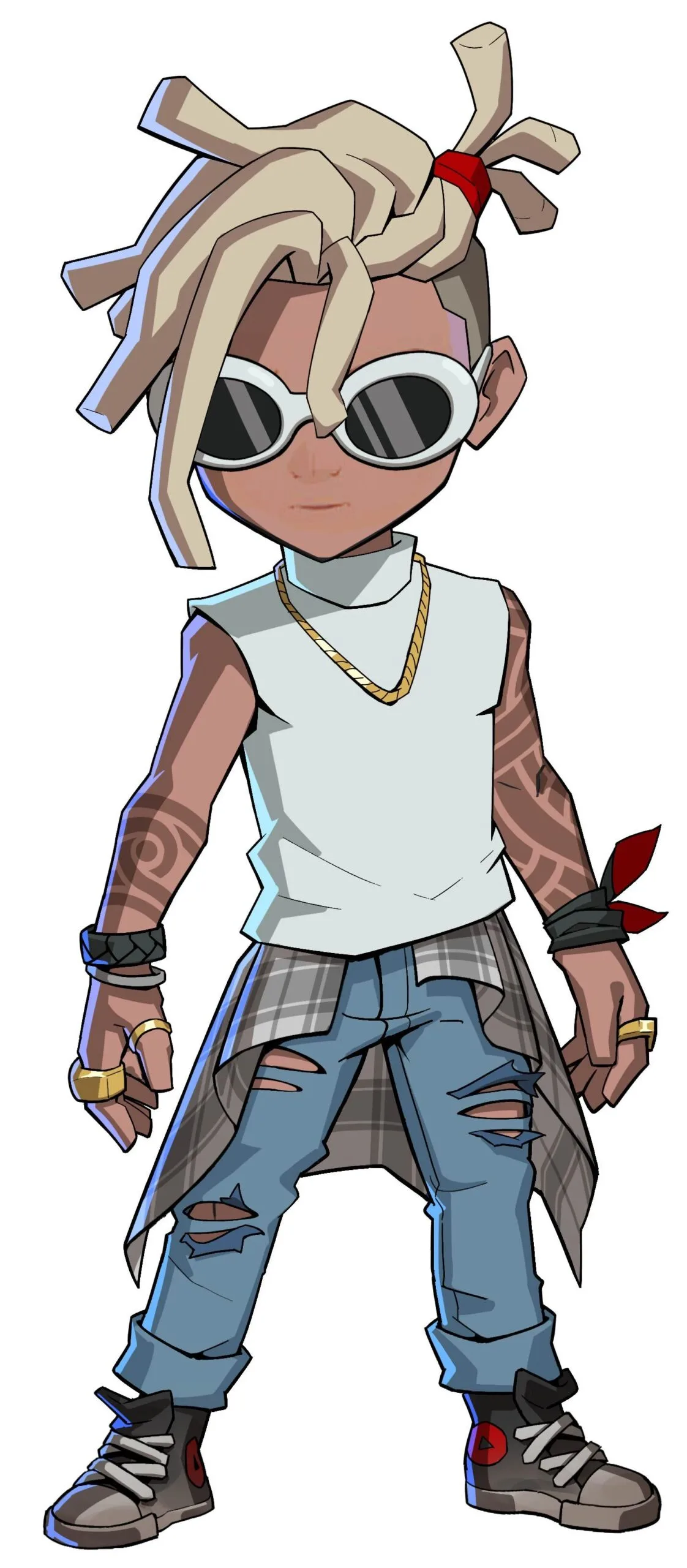 Season 1 avatar outfit 2XKO Season 1 ranked avatar outfit reward showing a character with white sunglasses, light dreadlocks, ripped jeans, wristbands, and sneakers.