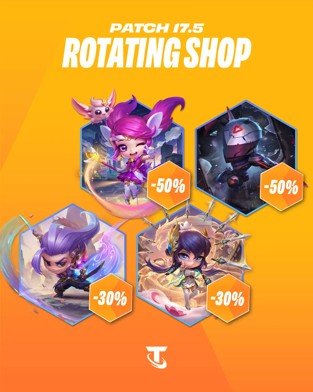 TFT patch 17.5 shop discounts Teamfight Tactics patch 17.5 rotating shop graphic showing discounted tactician cosmetics and shop offers