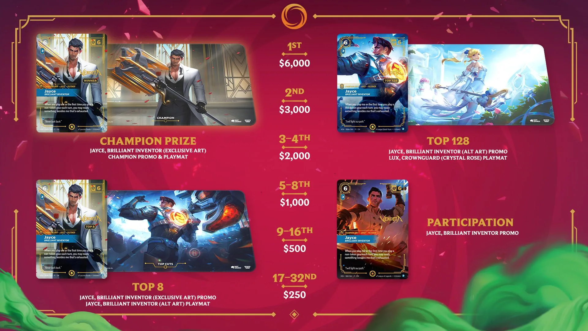 Riftbound Singapore Jayce rewards Official Riftbound Vendetta Regional Qualifier reward graphic featuring Jayce Brilliant Inventor promotional prizes