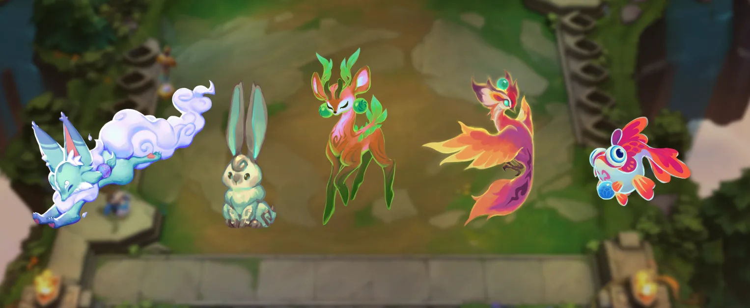 Enchanted Wilds Wisps Five colorful Wisps from TFT Set 18 Enchanted Wilds displayed over a Teamfight Tactics board