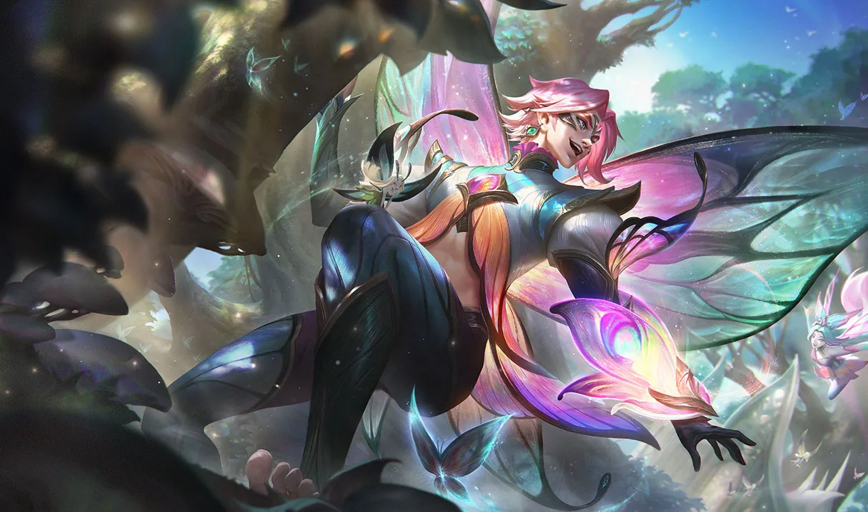 Faerie Court Ezreal splash art Faerie Court Ezreal with iridescent wings and a glowing magical gauntlet