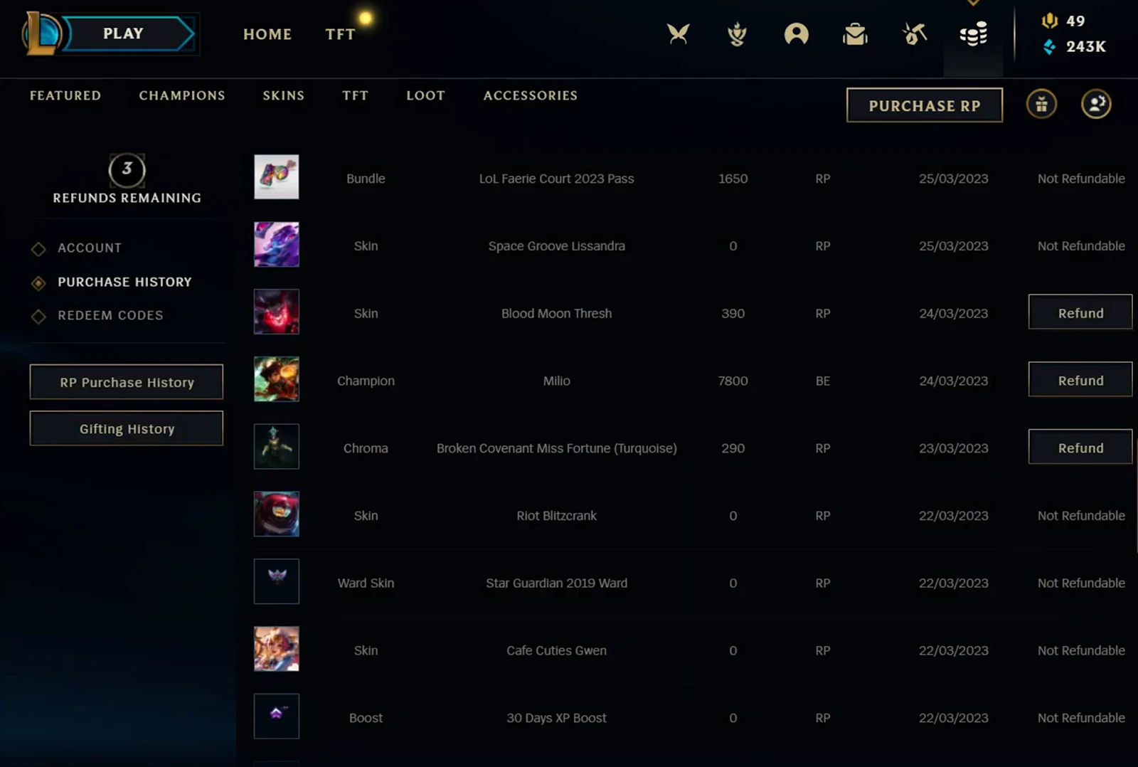 League refund options League of Legends purchase history showing refundable and non-refundable items alongside refund buttons