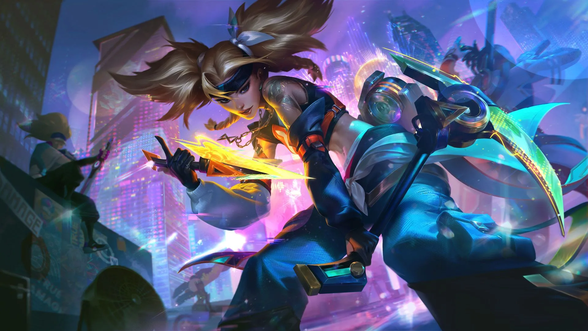 True Damage Know My Name Akali Akali in blue streetwear with glowing knives and neon highlights, crouching on an urban rooftop.