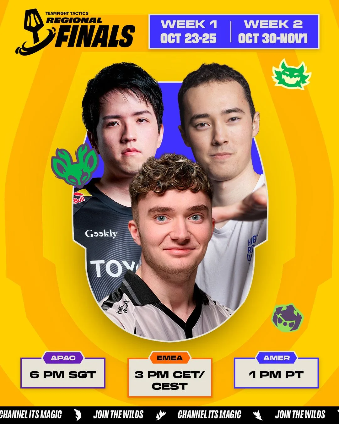 TFT Enchanted Wilds Regional Finals 2026 Official Riot Games Enchanted Wilds Regional Finals promotional poster with three competitors and October 23 to November 1 qualification dates