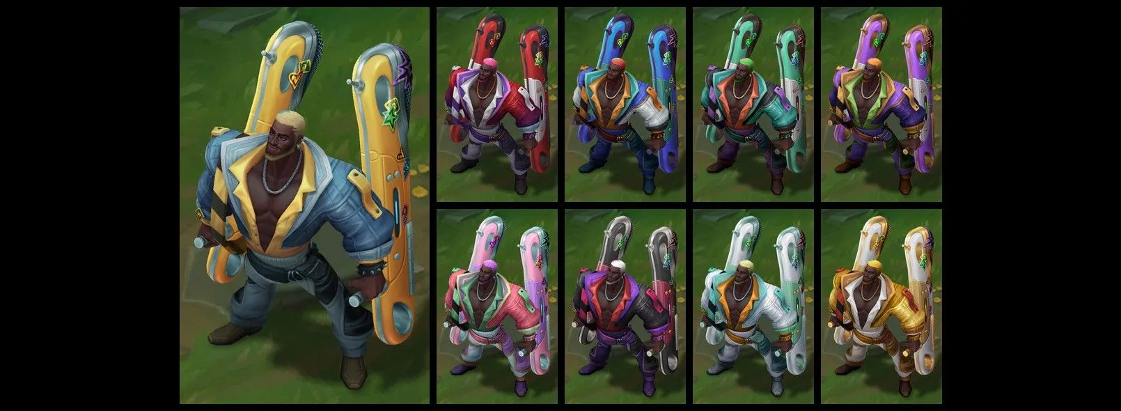 HEARTSTEEL Live My Life K'Sante chromas HEARTSTEEL Live My Life K'Sante chroma gallery showing eight alternate clothing and speaker color designs