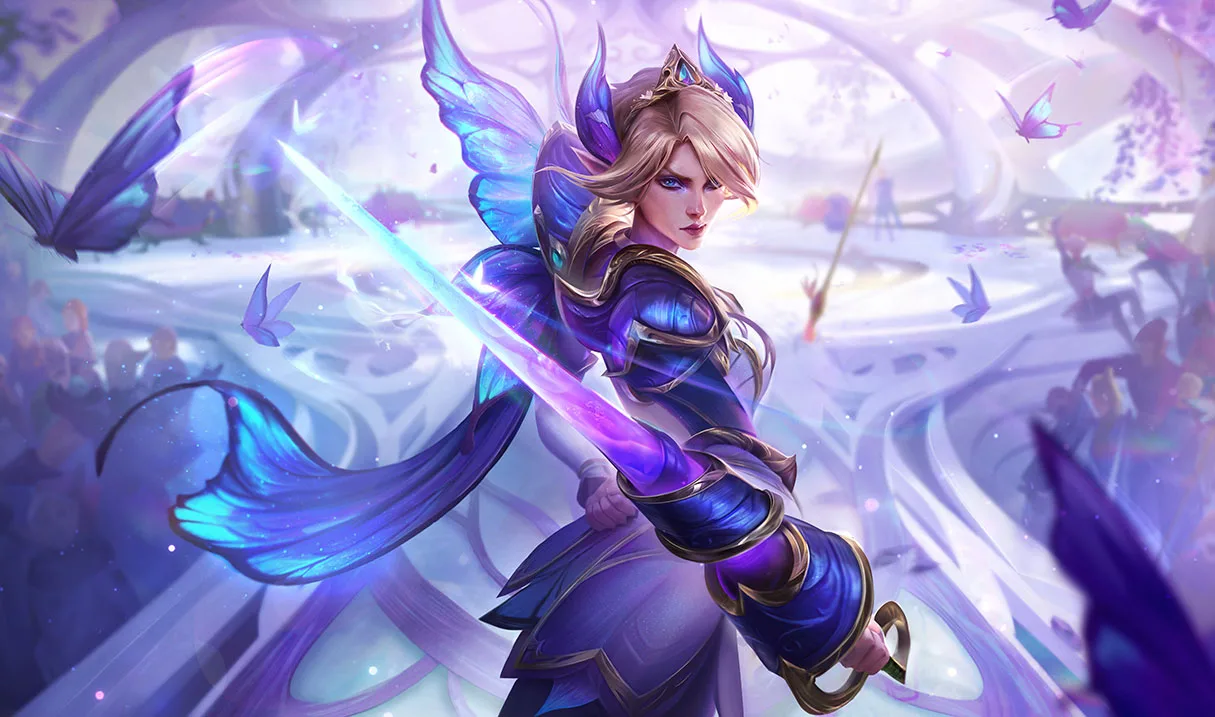 Faerie Court Fiora splash art Faerie Court Fiora holding an enchanted blue rapier at a royal gathering