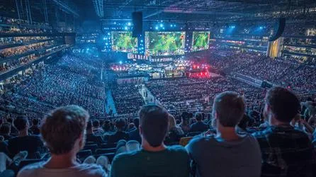League of Legends arena crowd watching gameplay on large screens League of Legends arena crowd watching gameplay on large screens