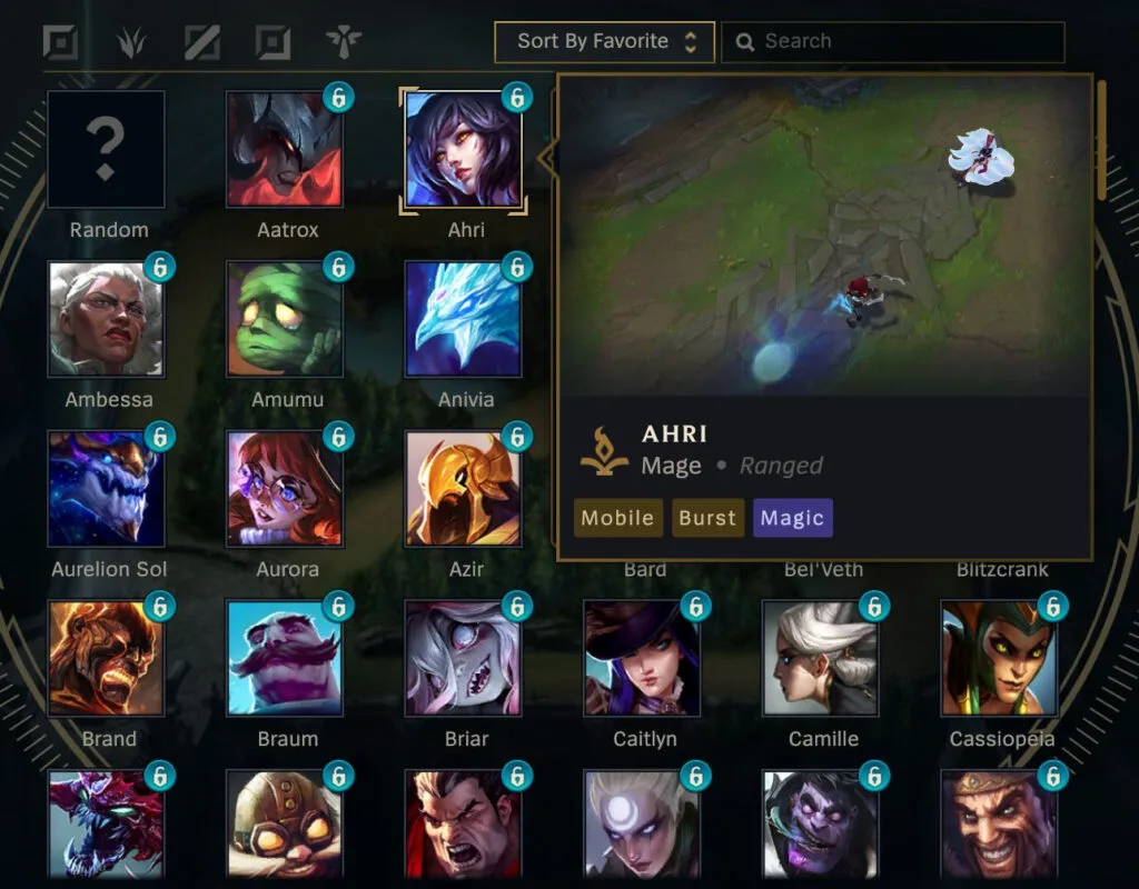 League champion select preview League of Legends champion select screen showing champion portraits, a search bar, and an ability preview panel for Ahri