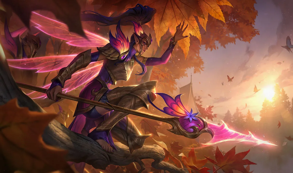 Faerie Court Kalista splash art Faerie Court Kalista carrying a glowing spear through an autumn forest