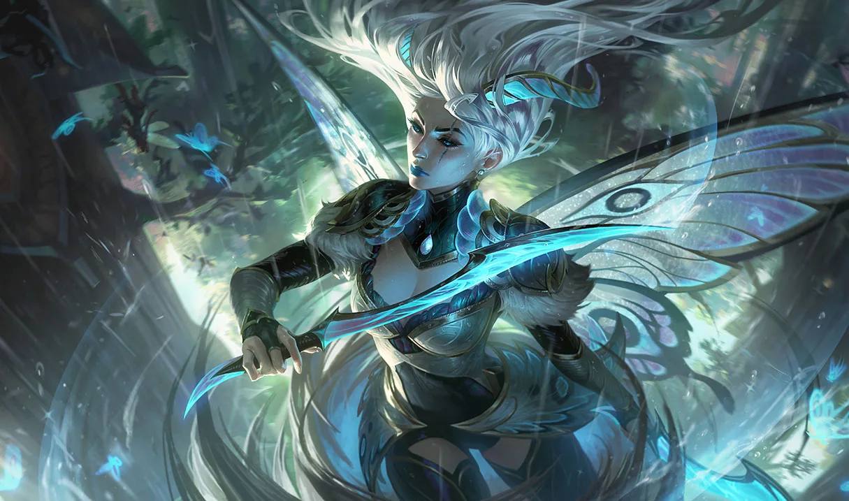 Faerie Court Katarina splash art Faerie Court Katarina with icy wings and two blue crystalline daggers