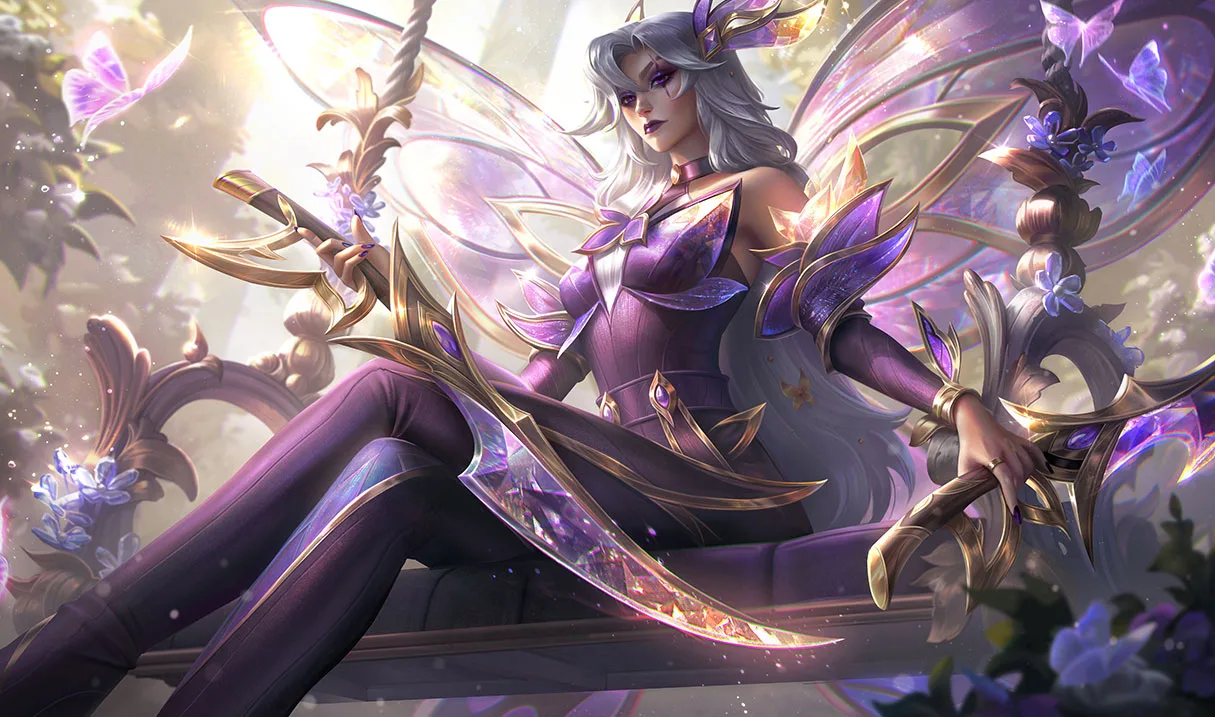 Prestige Faerie Court Katarina splash art Prestige Faerie Court Katarina wearing violet and gold gala fashion with iridescent wings