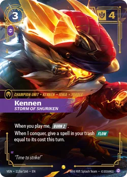 Kennen, Storm of Shuriken Kennen Storm of Shuriken Riftbound Vendetta card showing its Burn 2 ability