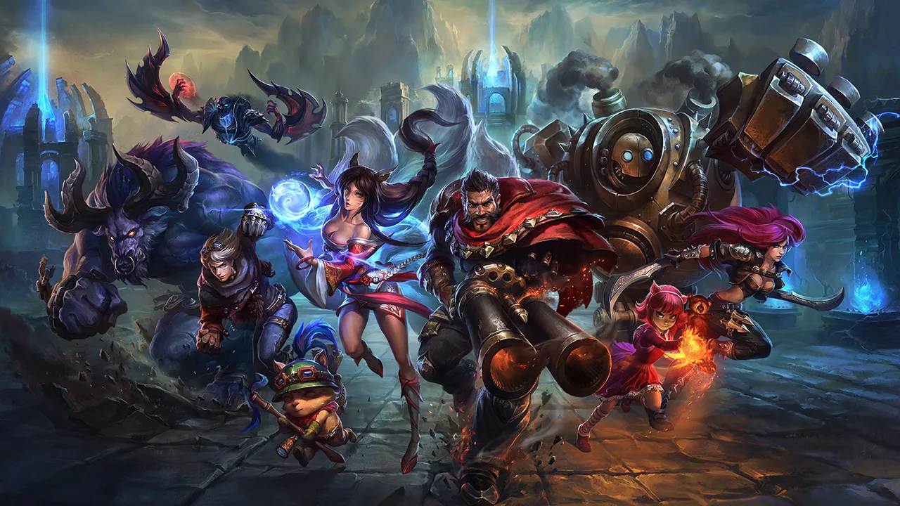 Several League of Legends champions charging across a ruined fantasy battlefield Several League of Legends champions charging across a ruined fantasy battlefield