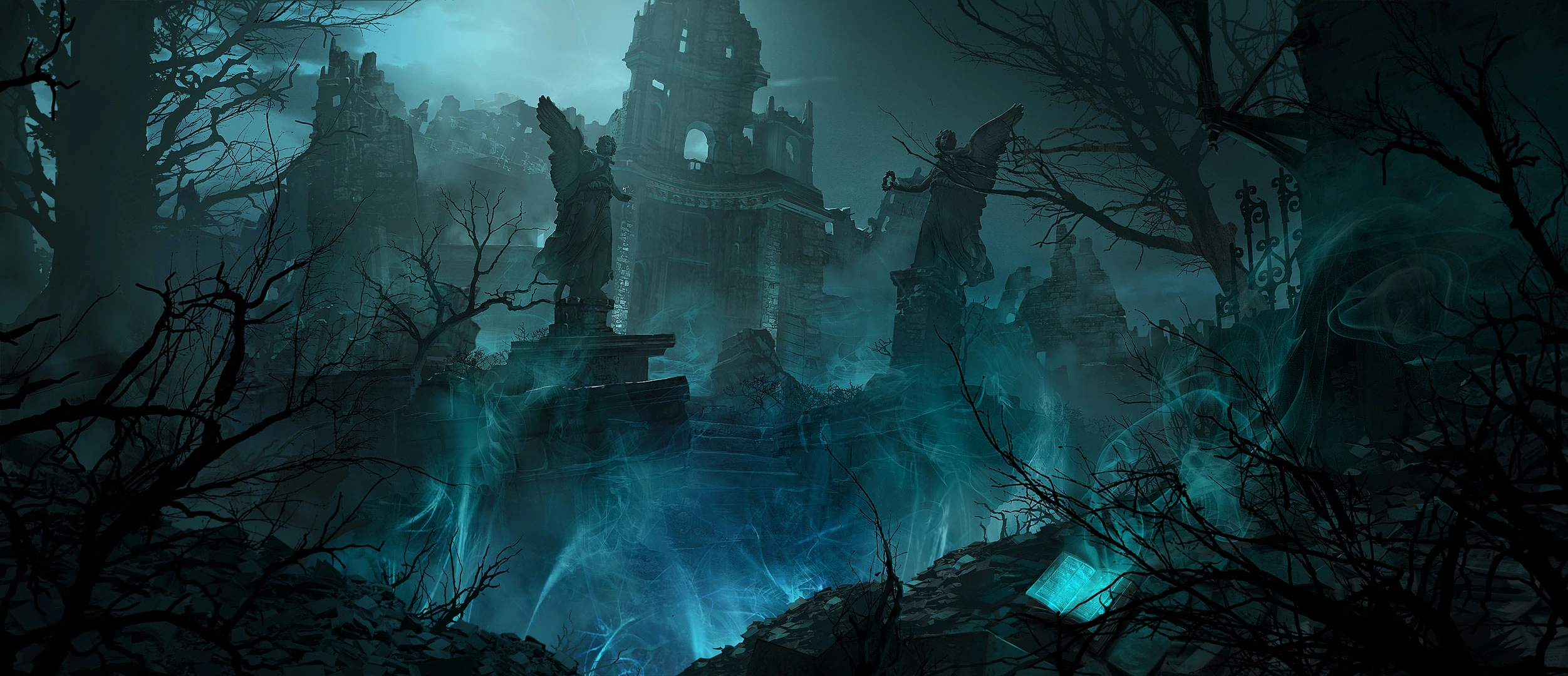 Shadow Isles ruins Ruined landscape of the Shadow Isles with dim blue-green mist and shattered structures