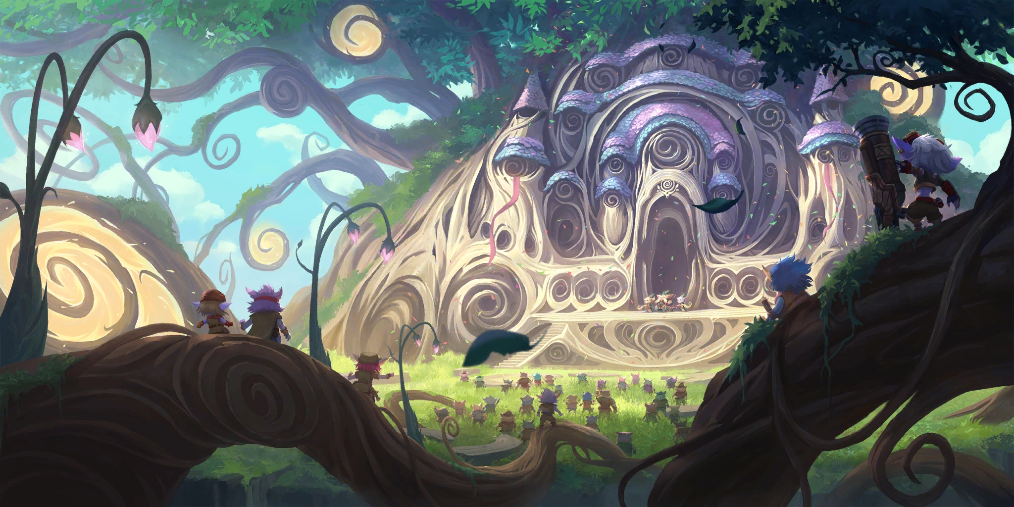 Bright magical Bandle City landscape with yordles gathering near whimsical buildings