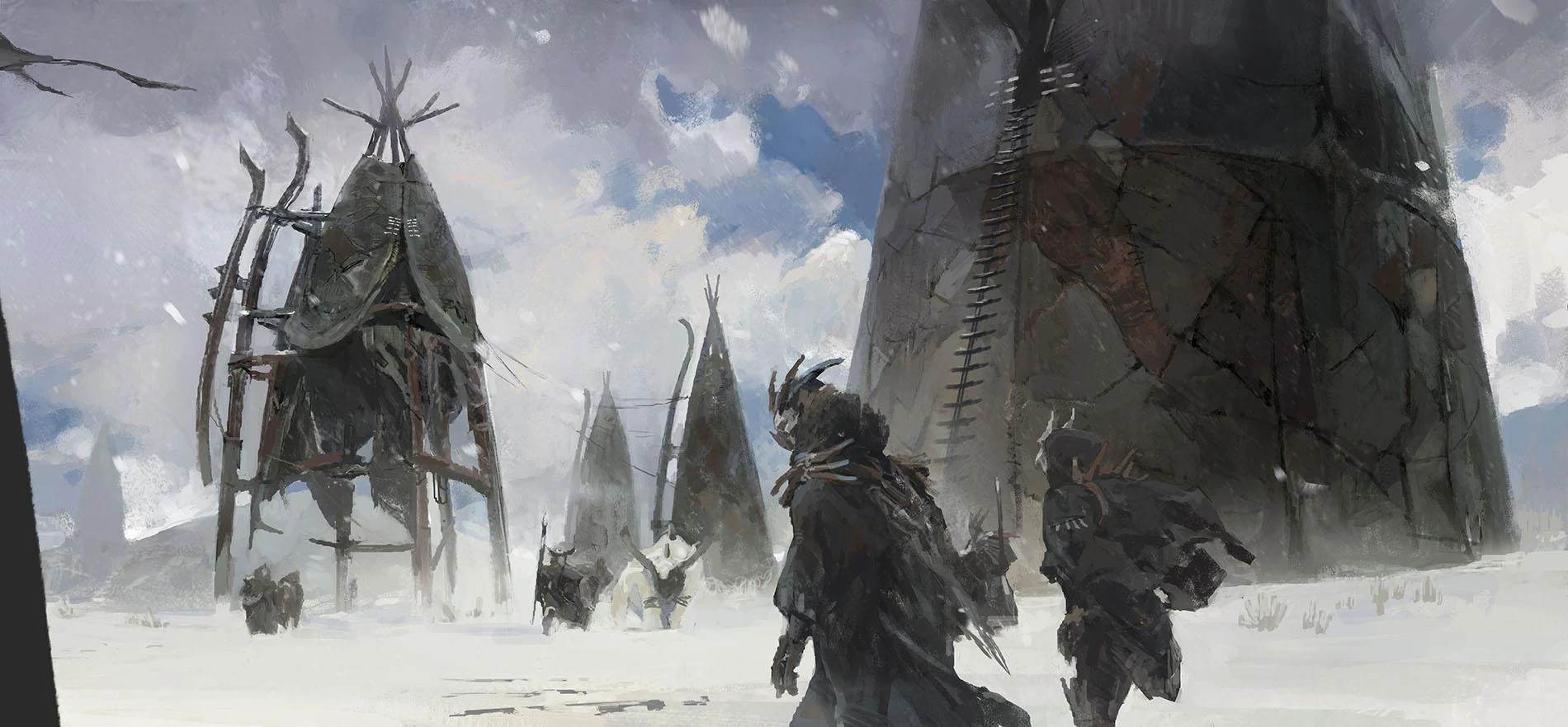 Seasonal settlements of Freljord Seasonal Freljord settlement with tents, snow, and tribal figures
