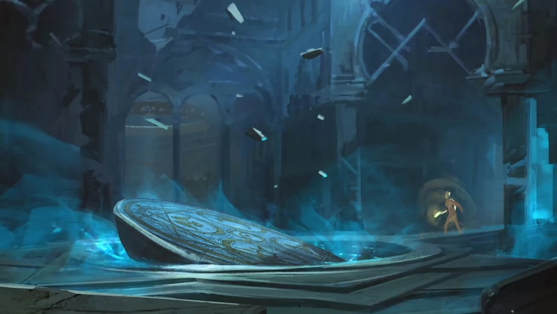 None Escape illustration Flooded ruined structure in the Shadow Isles lit by cold blue ghostly light