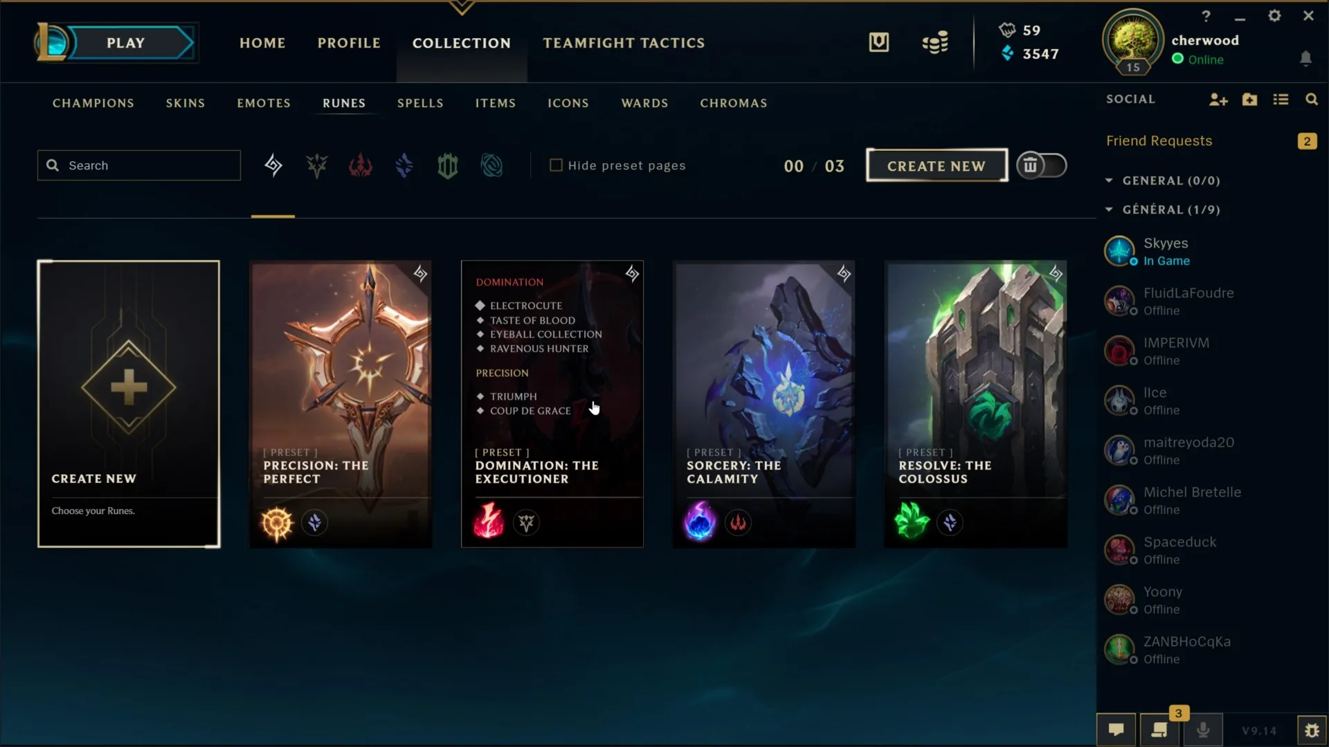 League of Legends runes page League of Legends client runes page showing preset rune paths, a create new button, and the social panel