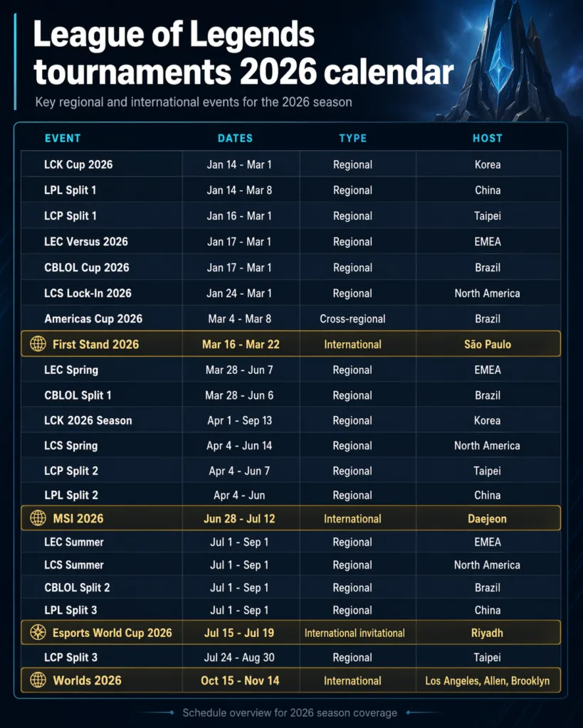 League of Legends tournaments 2026 calendar showing major regional and international events, dates, event type, and host locations League of Legends tournaments 2026 calendar showing major regional and international events, dates, event type, and host locations