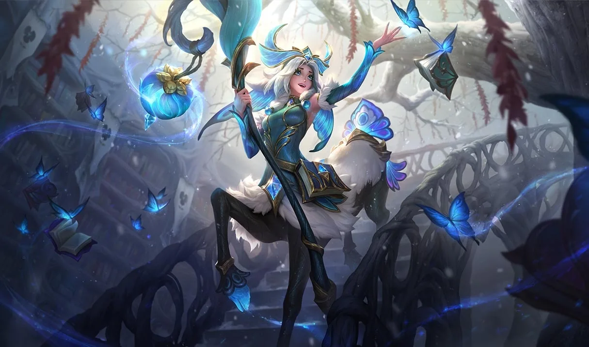 Faerie Court Lillia splash art Faerie Court Lillia carrying an ornate staff among blue butterflies and frozen archives