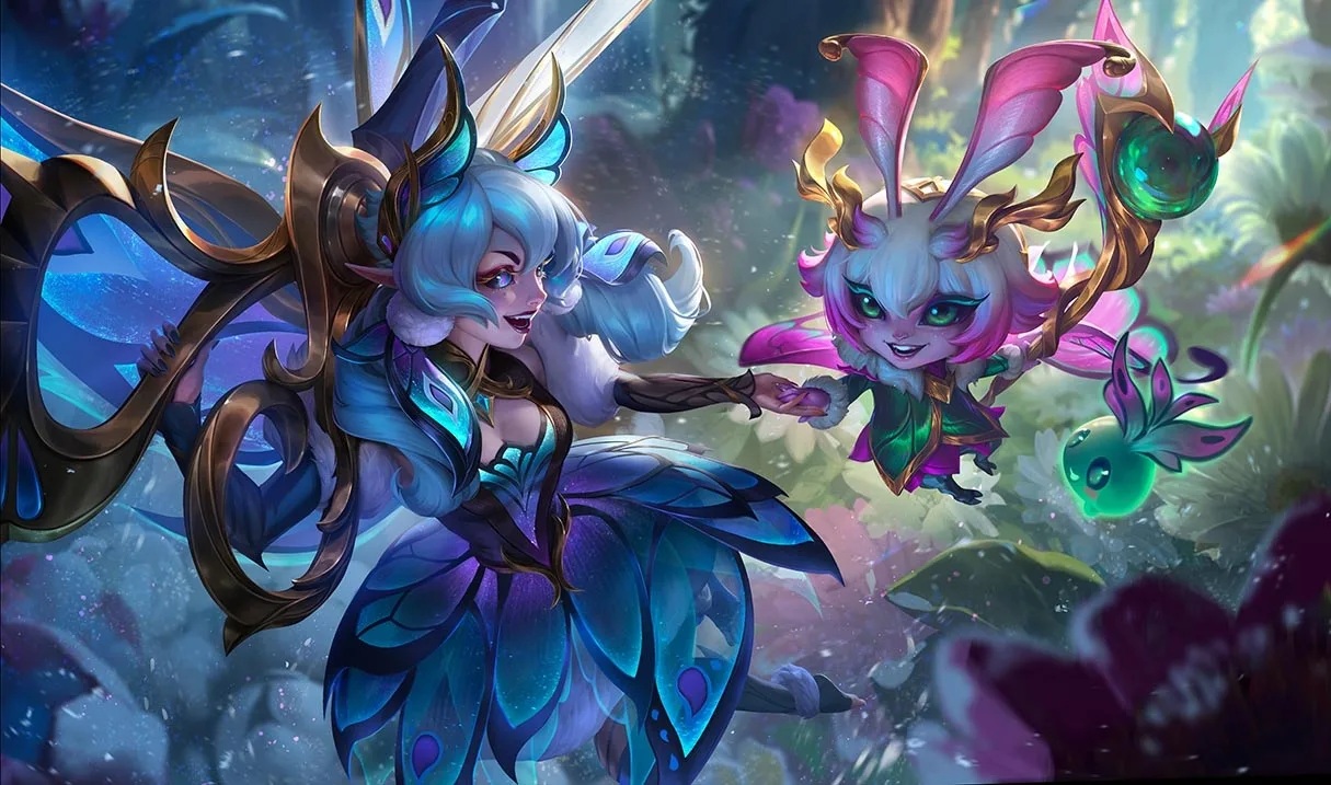 Faerie Court Lulu splash art Faerie Court Lulu flying through a bright summer forest with a caterpillar familiar