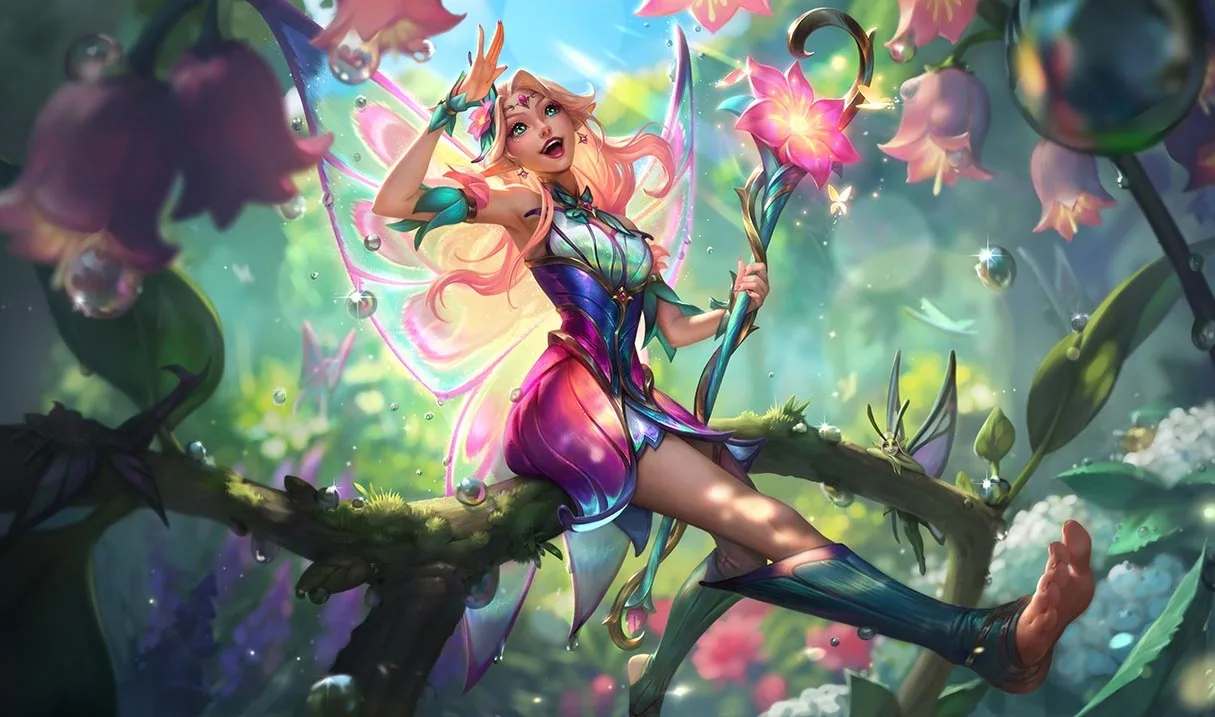 Faerie Court Lux splash art Faerie Court Lux sitting on a flowering tree branch with a glowing floral staff