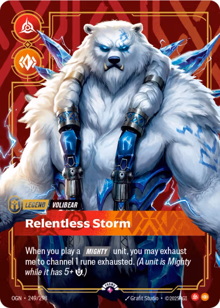 Volibear, Relentless Storm legend card from Riftbound with Fury and Body domains shown on the card Volibear, Relentless Storm legend card from Riftbound with Fury and Body domains shown on the card