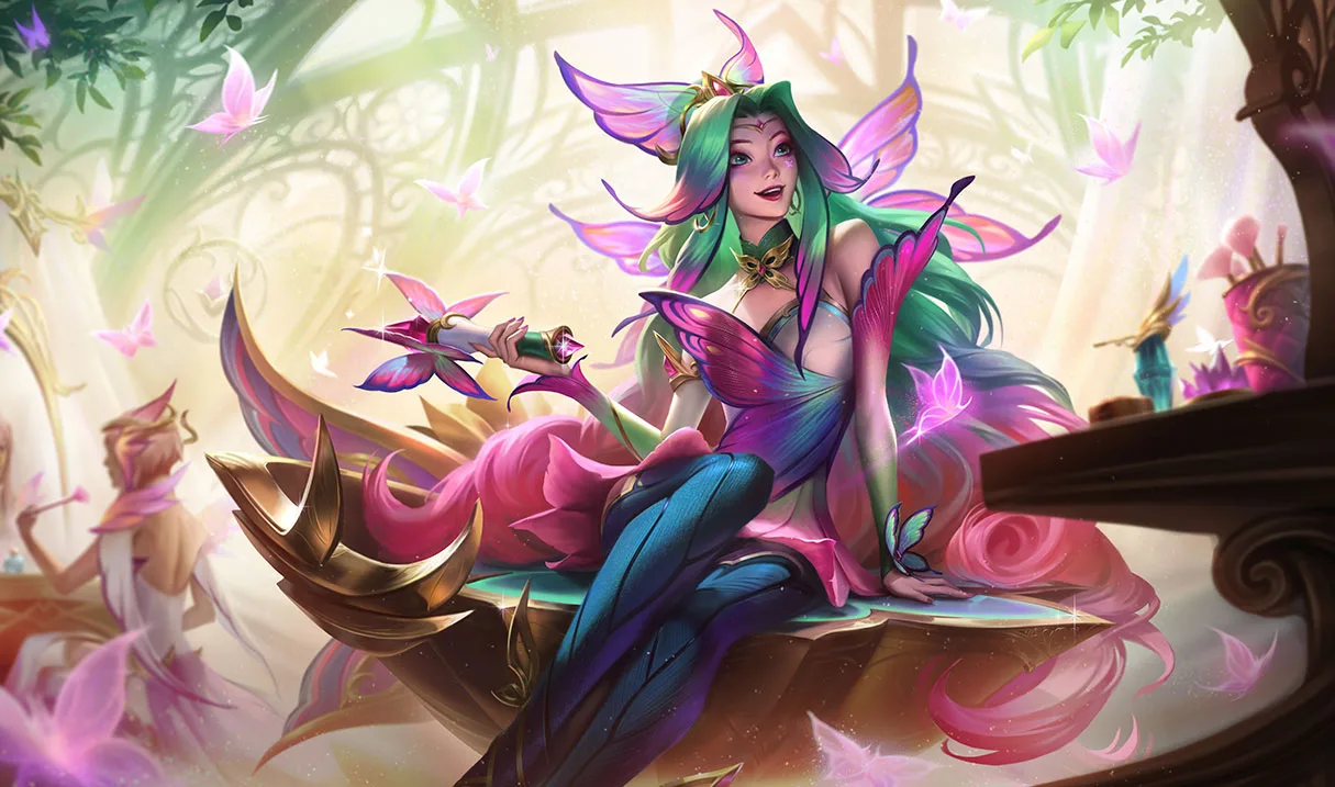 Faerie Court Seraphine splash art Faerie Court Seraphine seated in a bright palace with pink butterfly wings