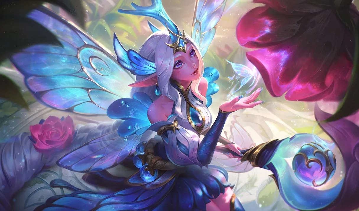 Faerie Court Soraka splash art Faerie Court Soraka using blue healing magic beside giant flowers