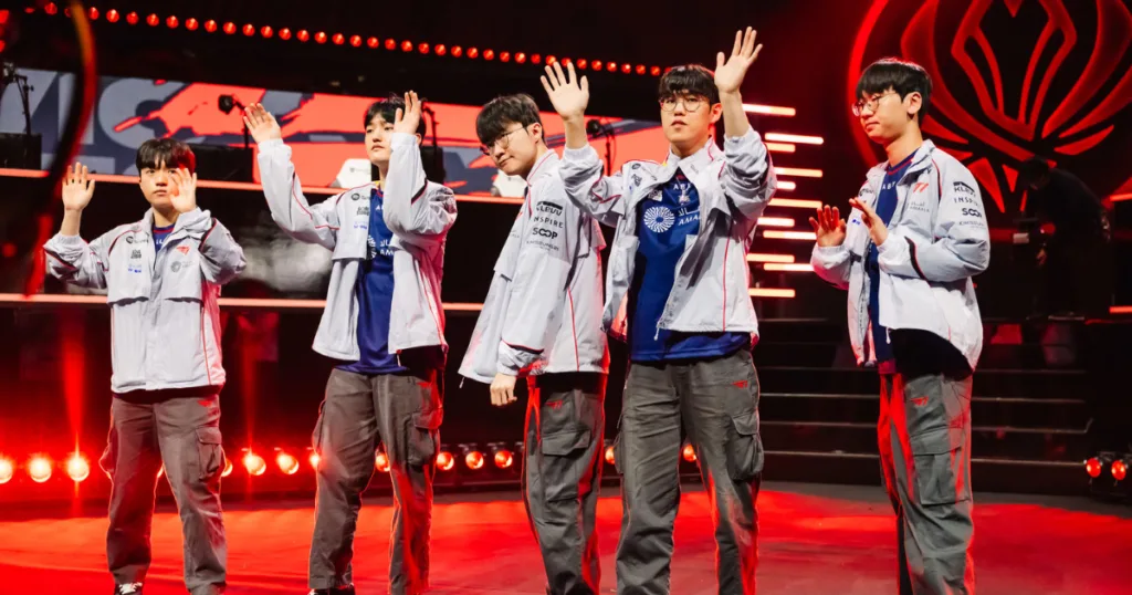 T1 after winning against KC. T1 after winning against KC.