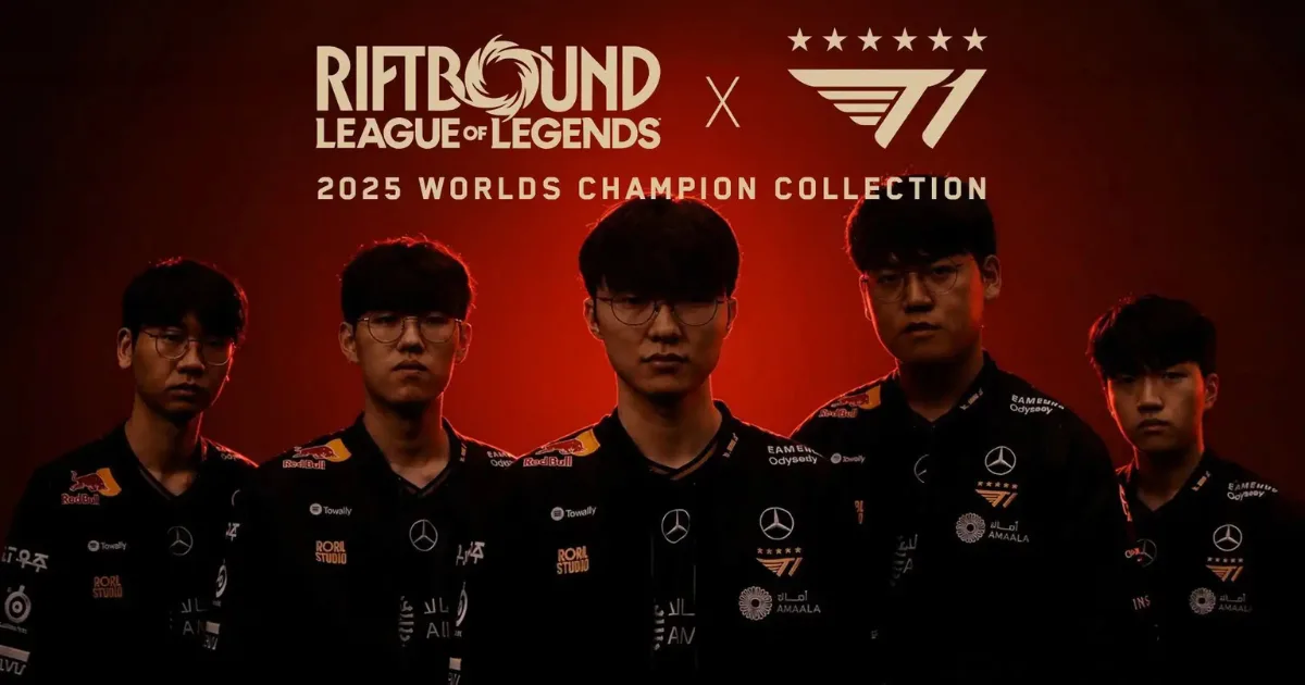 T1 x Riftbound cards reveal new 2025 Worlds champion collection.