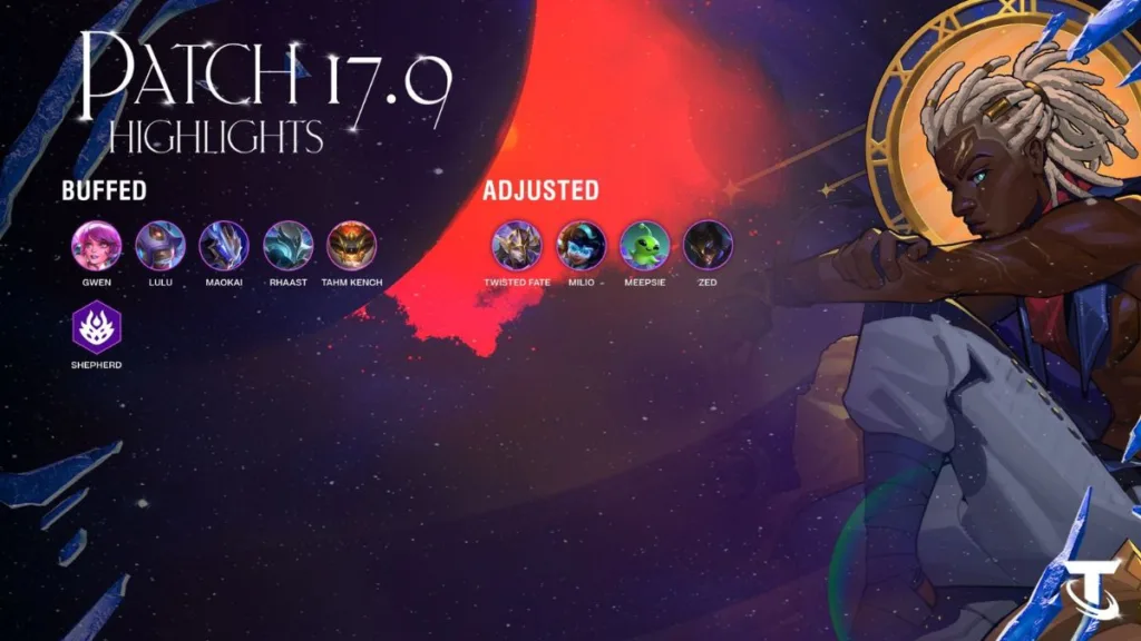 TFT patch 17.9 highlights TFT patch 17.9 highlights showing buffs to Gwen, Lulu, Maokai, Rhaast, Tahm Kench and Shepherd, plus adjustments to Twisted Fate, Milio, Meepsie and Zed