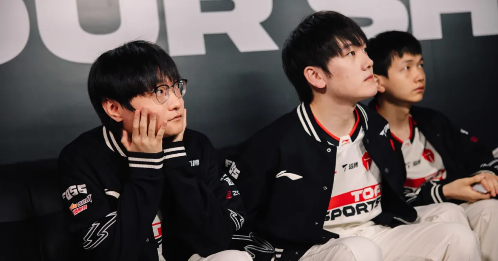 Tian, JackeyLove and Creme of Top Esports are seen back stage in the match against G2. Tian, JackeyLove and Creme of Top Esports are seen back stage in the match against G2.