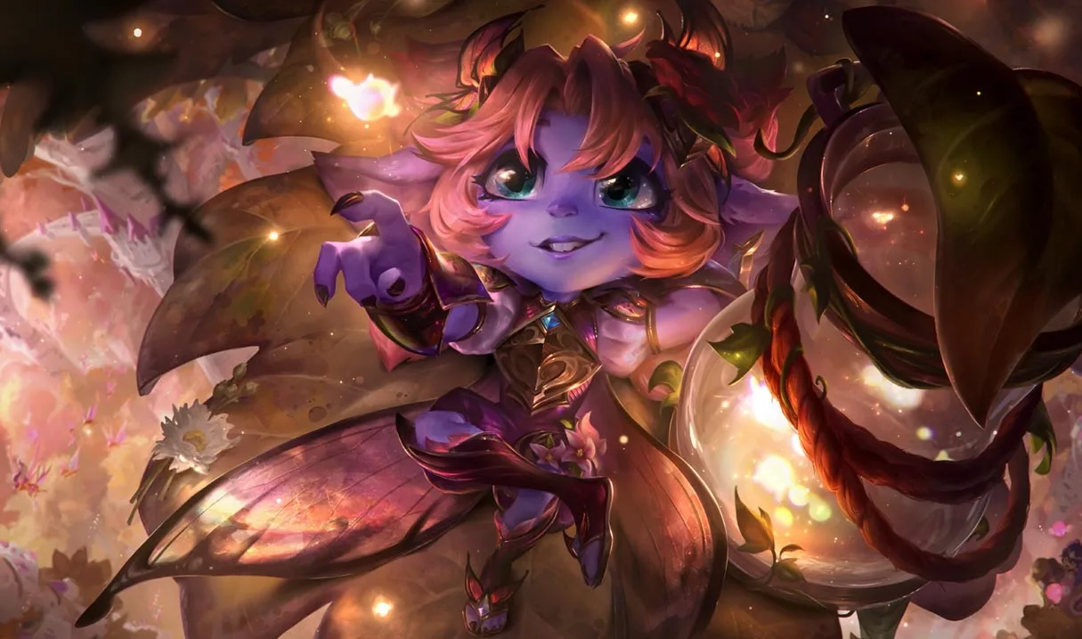 Faerie Court Tristana splash art Faerie Court Tristana carrying a large plant-powered cannon inside an autumn grove